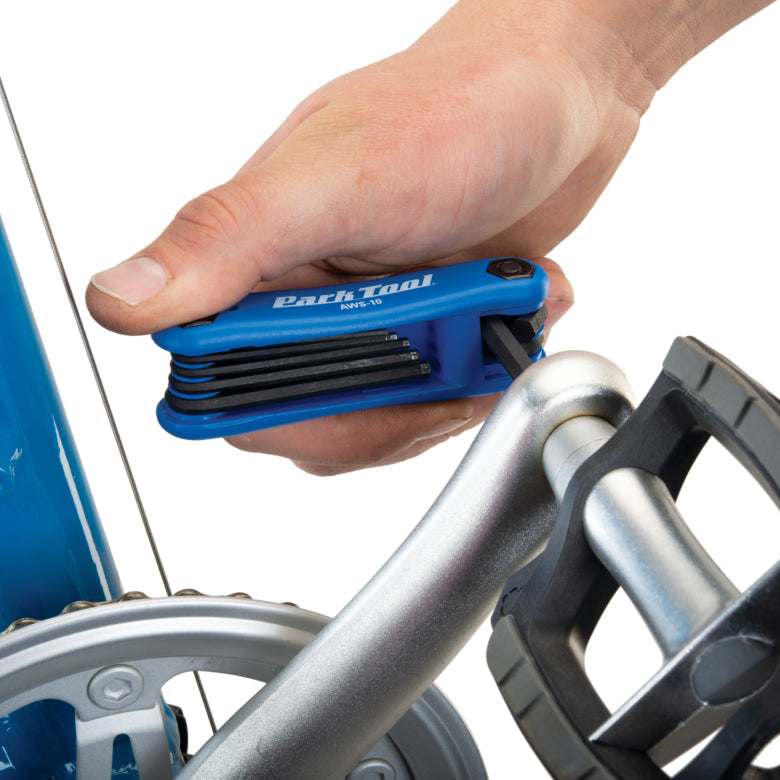 Park Tool AWS-10 fold up hex wrench set removing a bicycle pedal