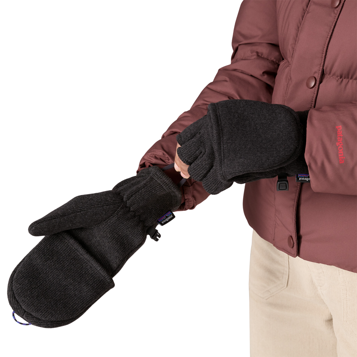 Patagonia Better Sweater convertible fleece gloves made from recycled polyester sweater-knit fabric with fold-back mitten covers and button closures.