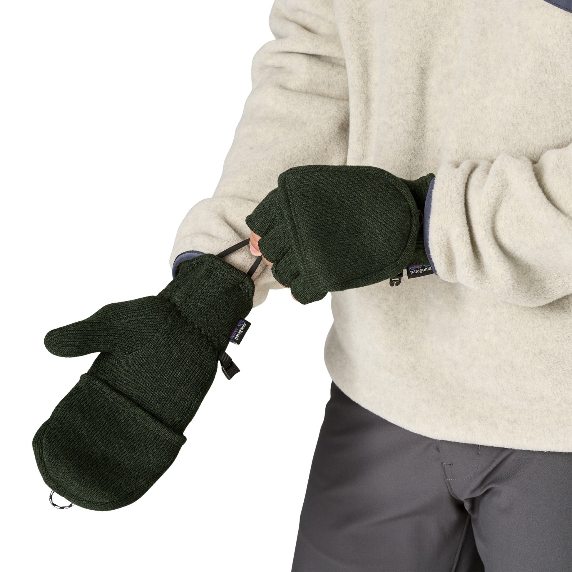 Patagonia Better Sweater Fleece Convertible Gloves/Mittens in Old Growth Green showing mitten detail