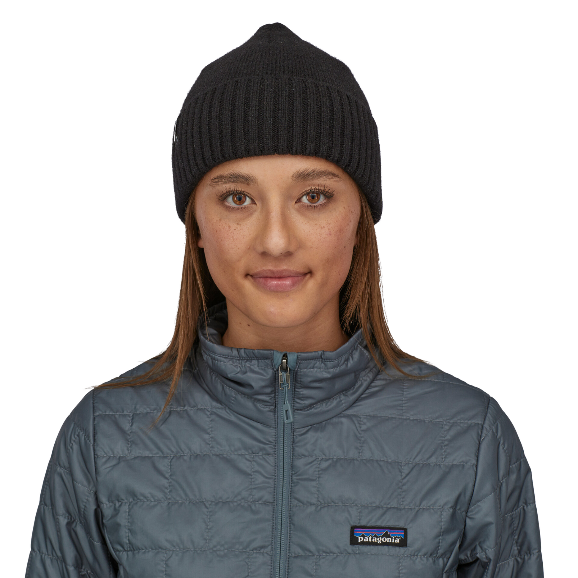 Patagonia Brodeo Beanie in Black colour, being worn.