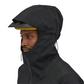 Patagonia Dirt Roamer Storm Bike Jacket in Black worn by model, hood detail