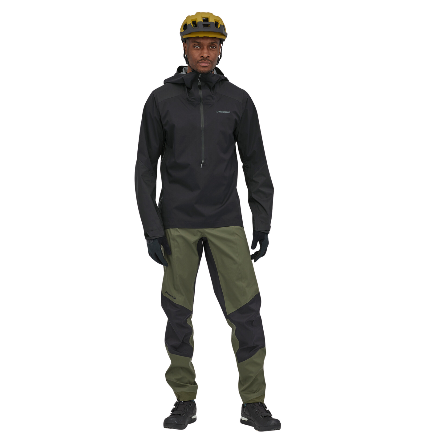 Patagonia Dirt Roamer Storm Bike Jacket in Black worn by model, front full body