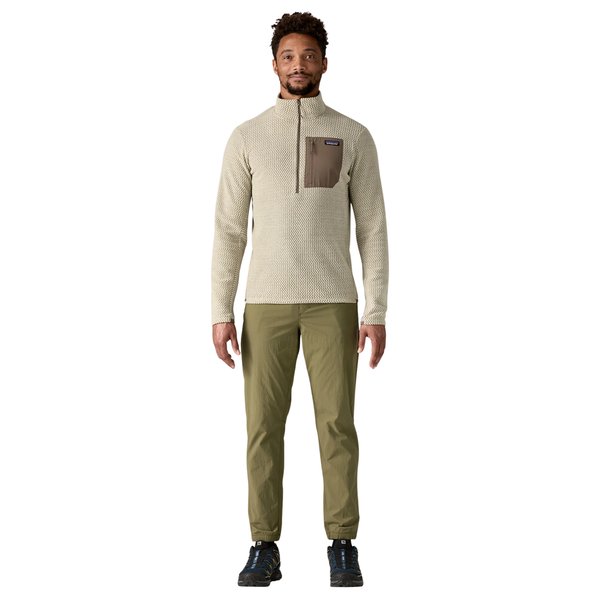Model wearing Patagonia R1 Air Fleece Midlayer Zip‑Neck in Pelican colour