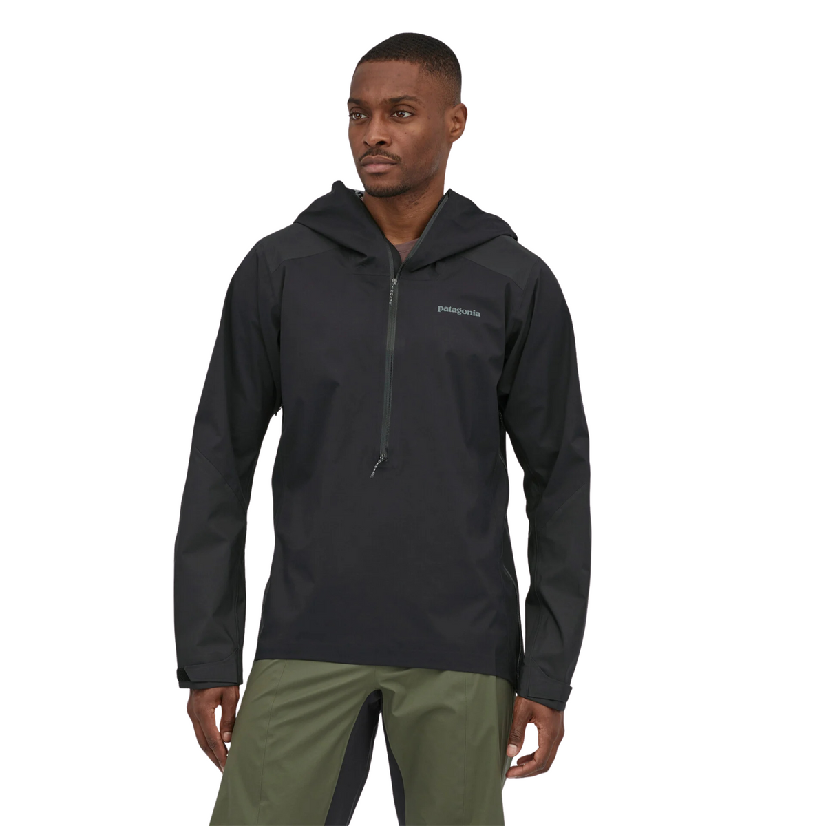 Patagonia Men's Dirt Roamer Storm waterproof mountain bike jacket with helmet-compatible hood, three-quarter front zipper, side vents and H2No® shell.
