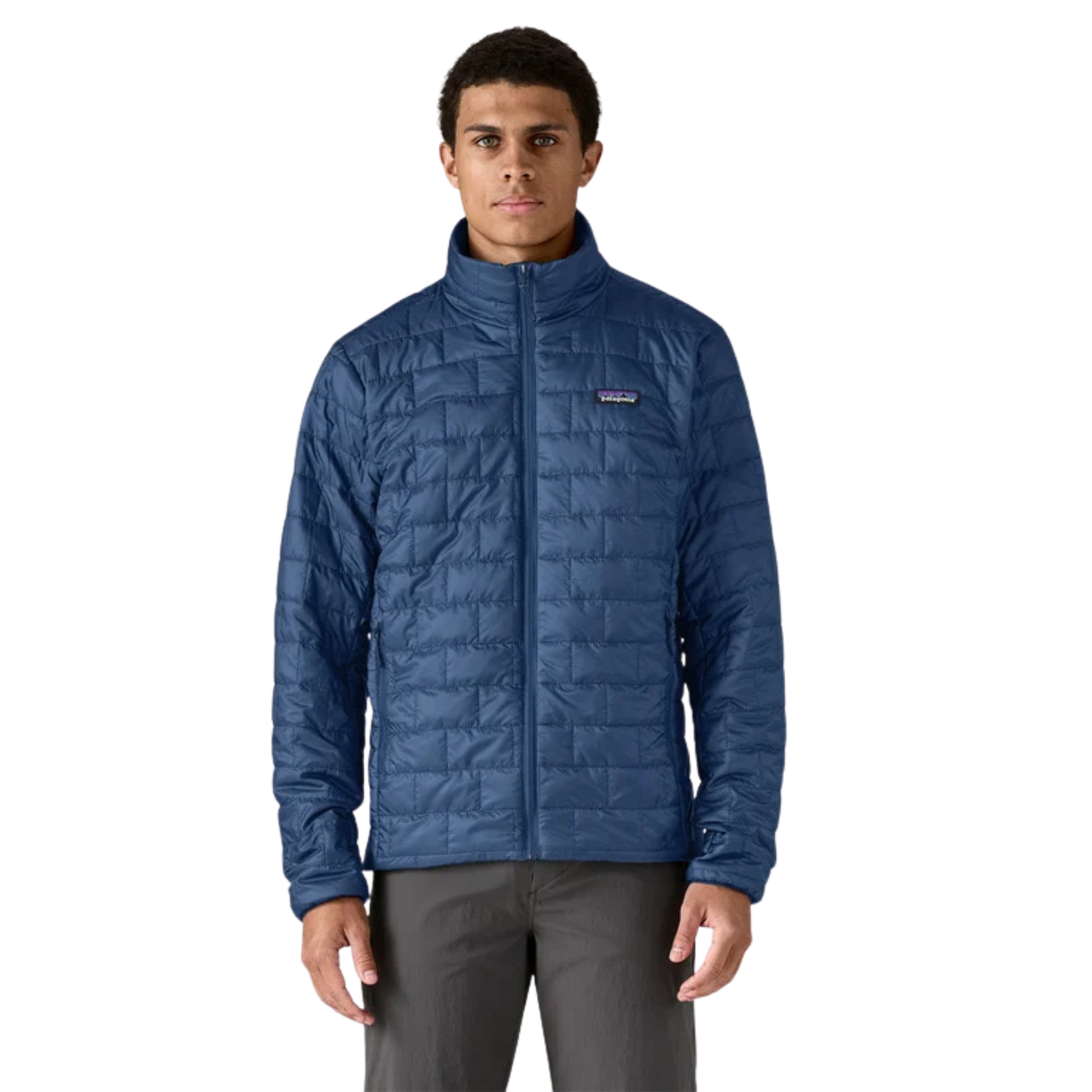 Patagonia Nano Puff Insulated Jacket in clement blue, worn by model, front