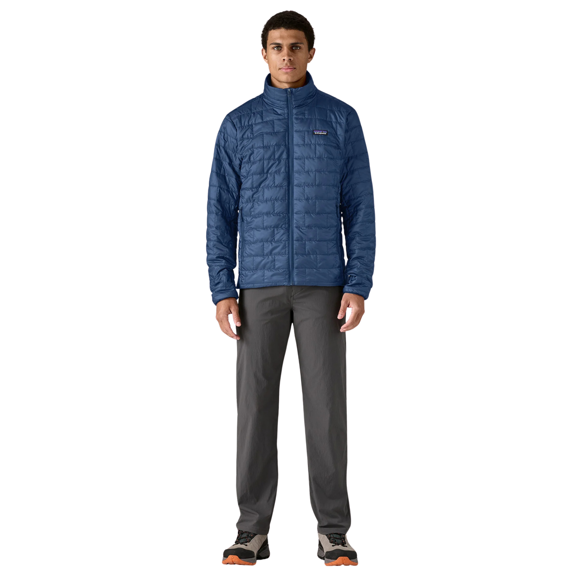 Patagonia Nano Puff Insulated Jacket in clement blue worn by model, front full body