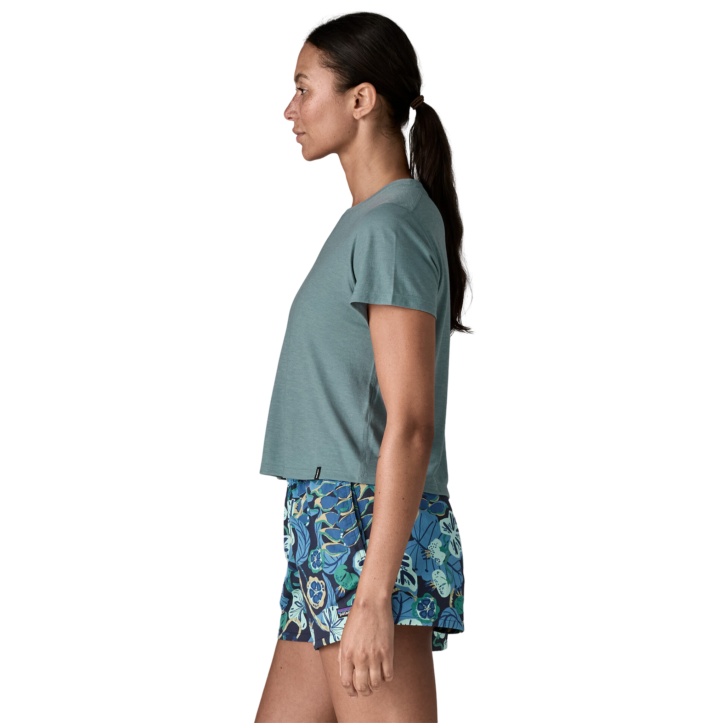 Patagonia Women’s Capilene Cool Trail Cropped Shirt blue sage in use left side view