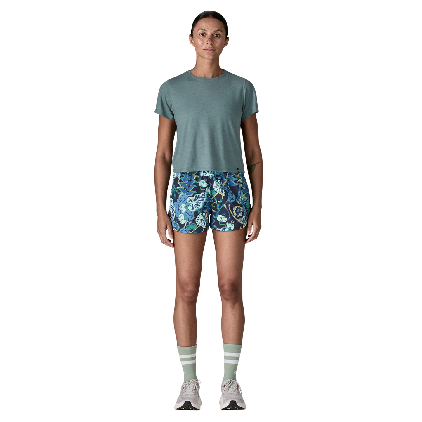 Patagonia Women’s Capilene Cool Trail Cropped Shirt blue sage in use front general view