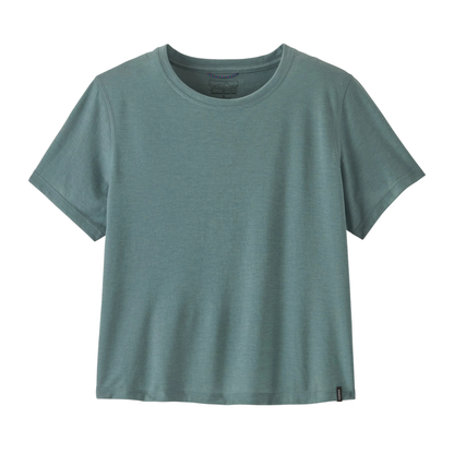 Patagonia Women’s Capilene Cool Trail Cropped Shirt blue sage close up front view