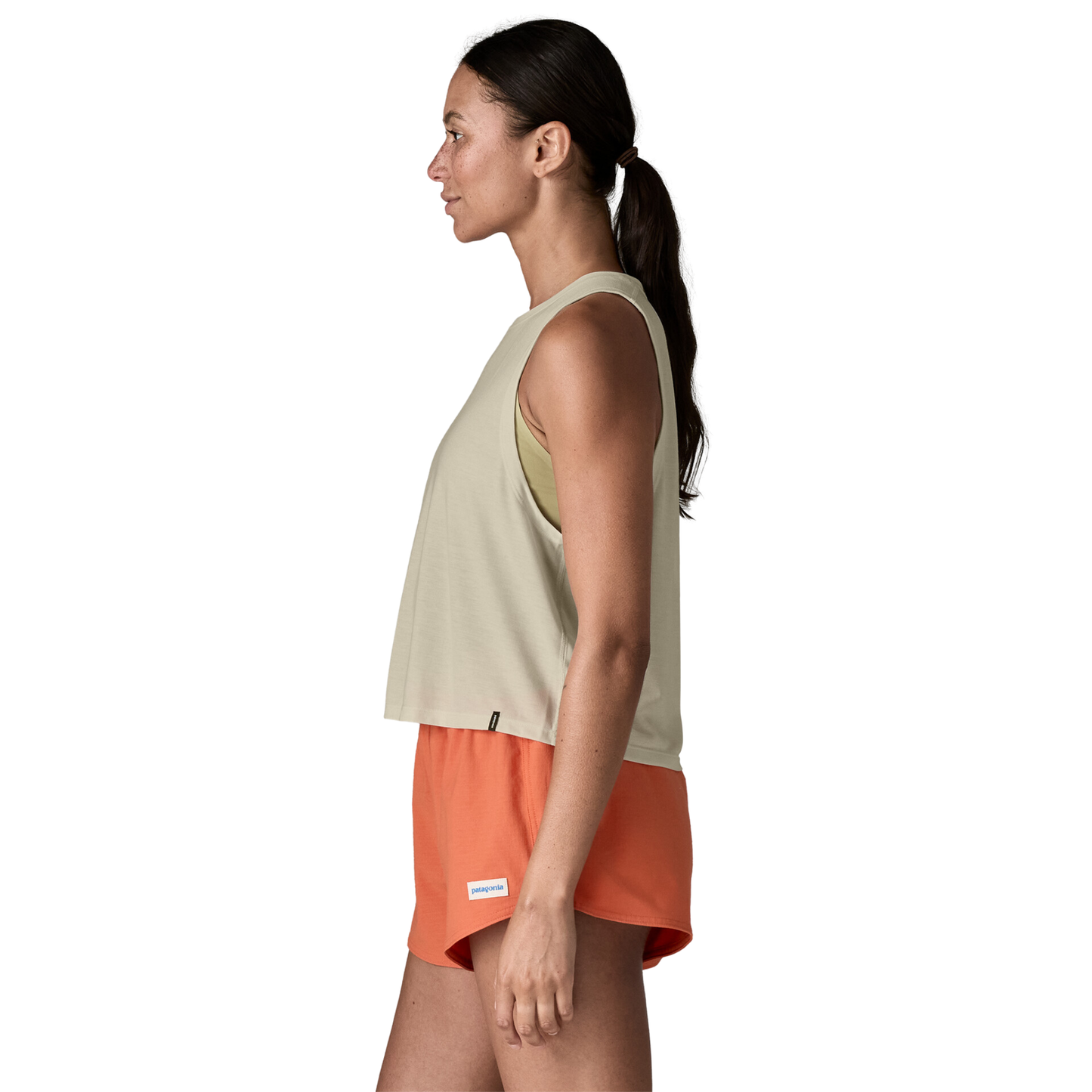 Patagonia Women’s Capilene Cool Trail Cropped Tank Top Dyno White in use left side view