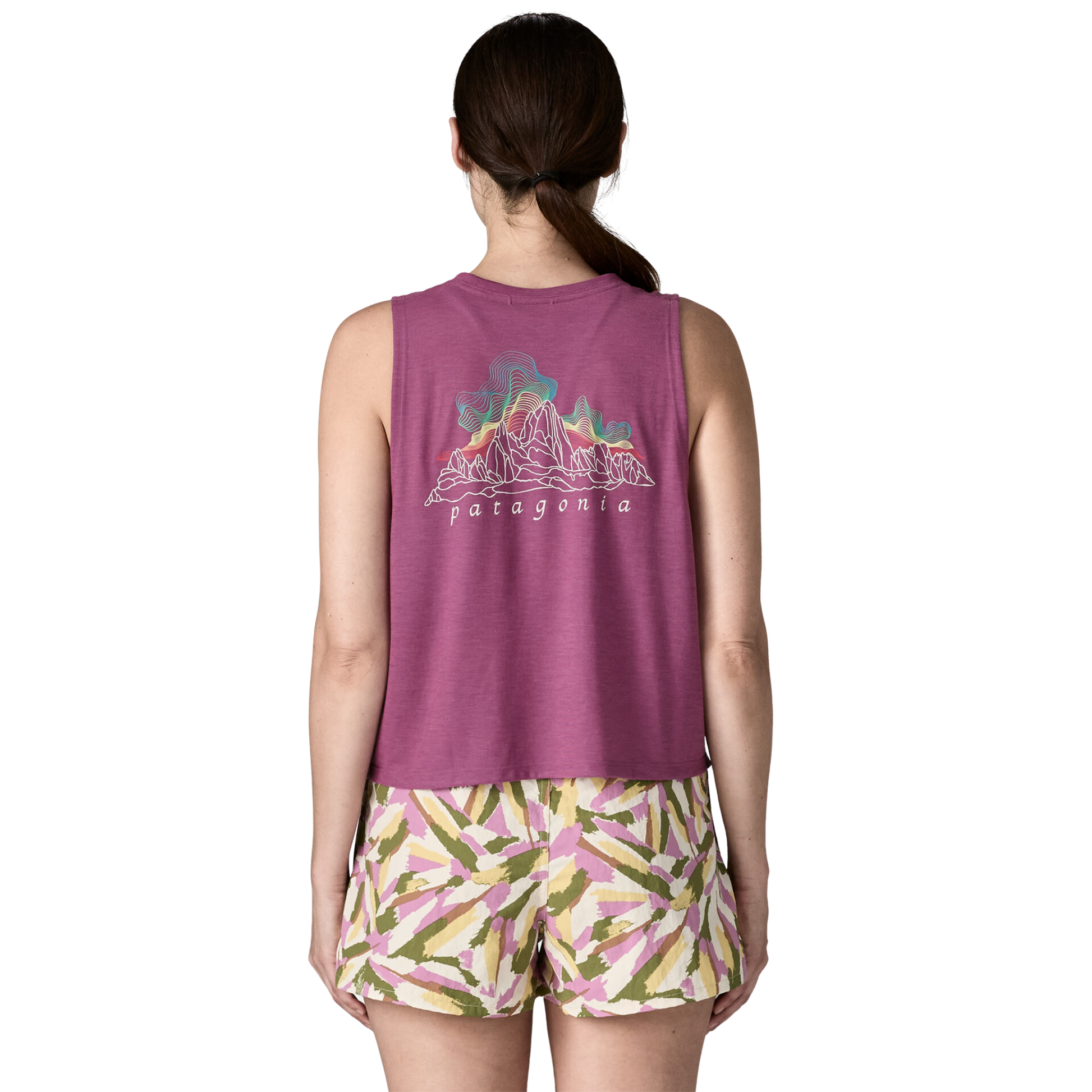 Patagonia Women’s Capilene Cool Trail Cropped Tank Top Faded Magenta in use back view