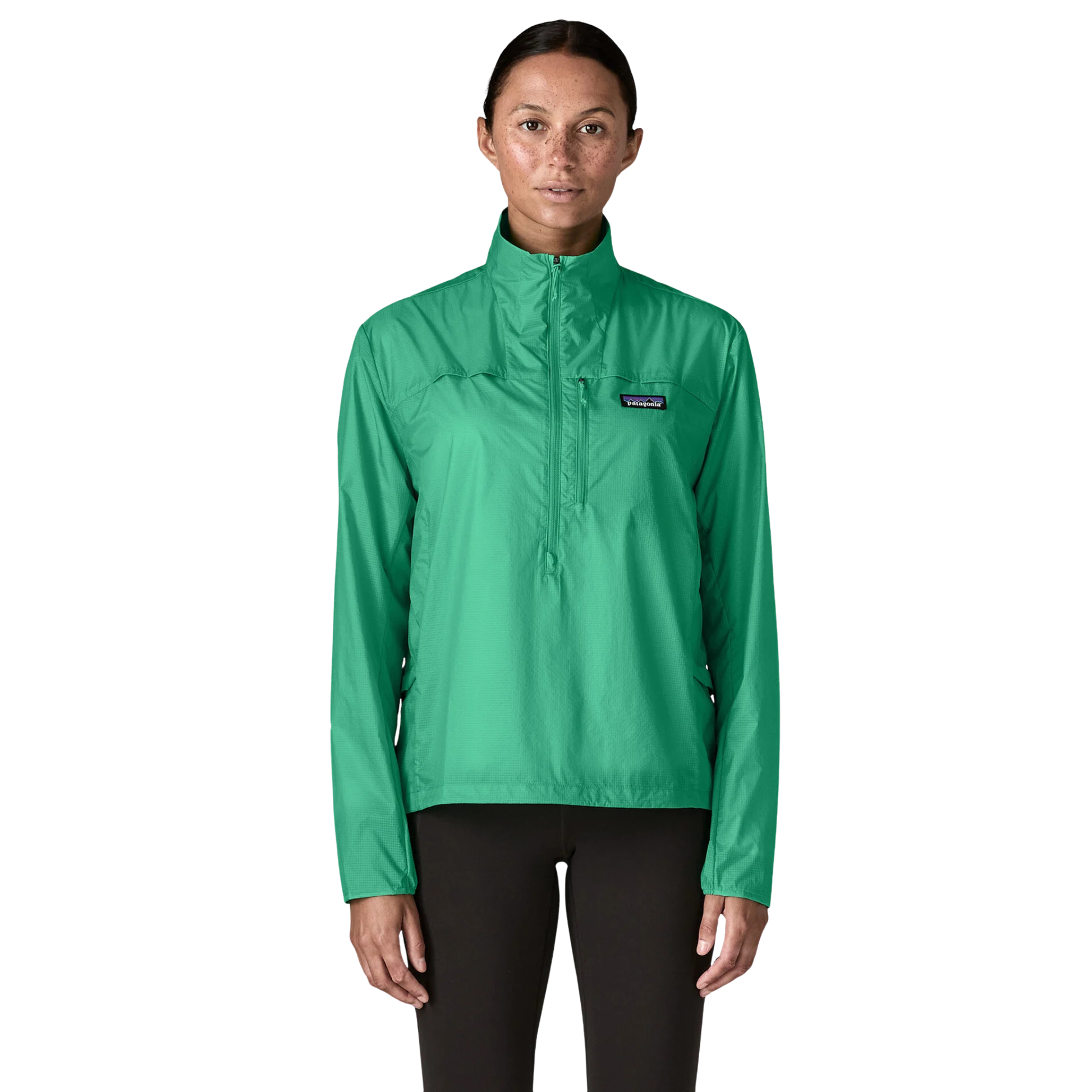 Patagonia Women’s Houdini Stash 1/2 Zip windbreaker pullover in use front view