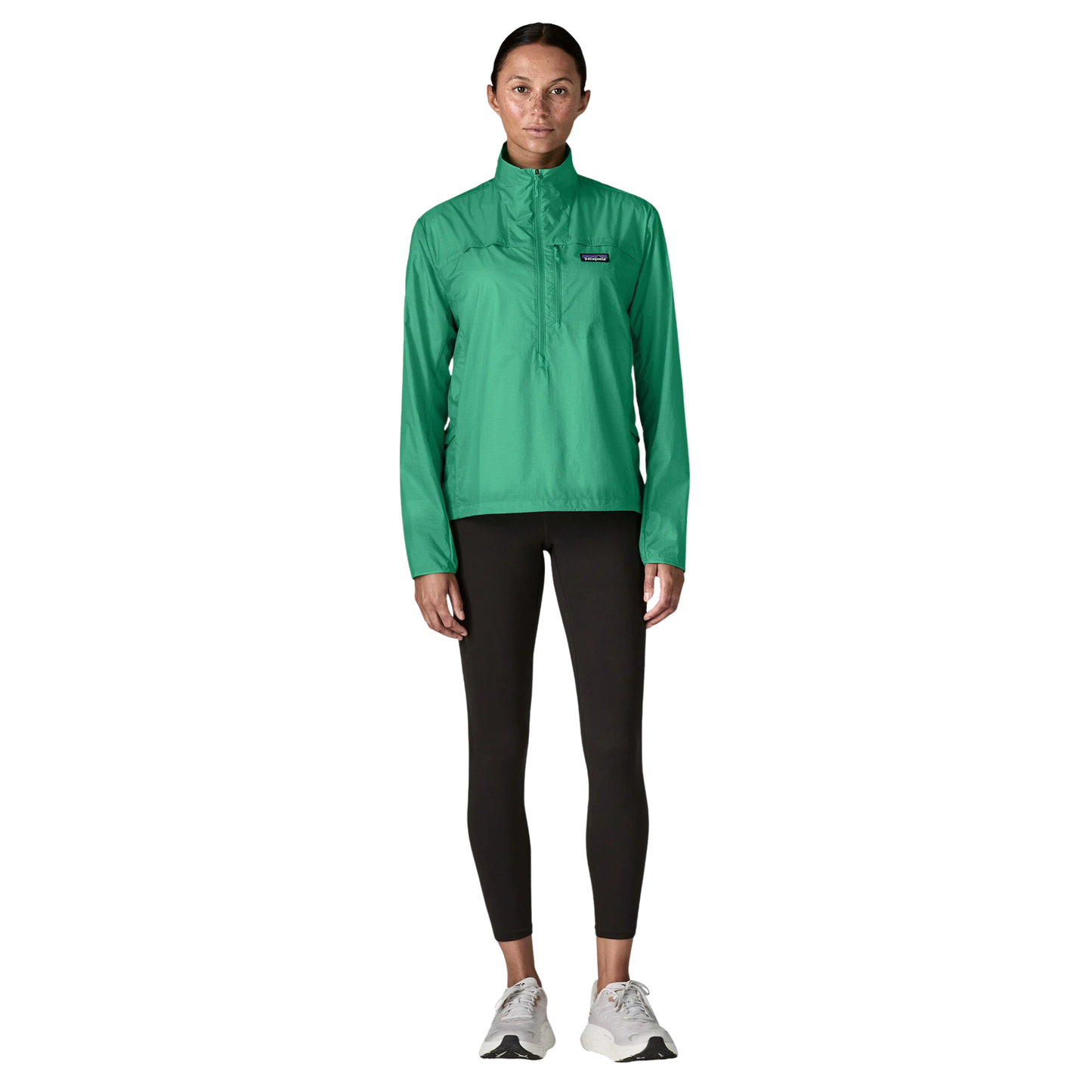 Patagonia Women’s Houdini Stash 1/2 Zip windbreaker pullover in use. Far view