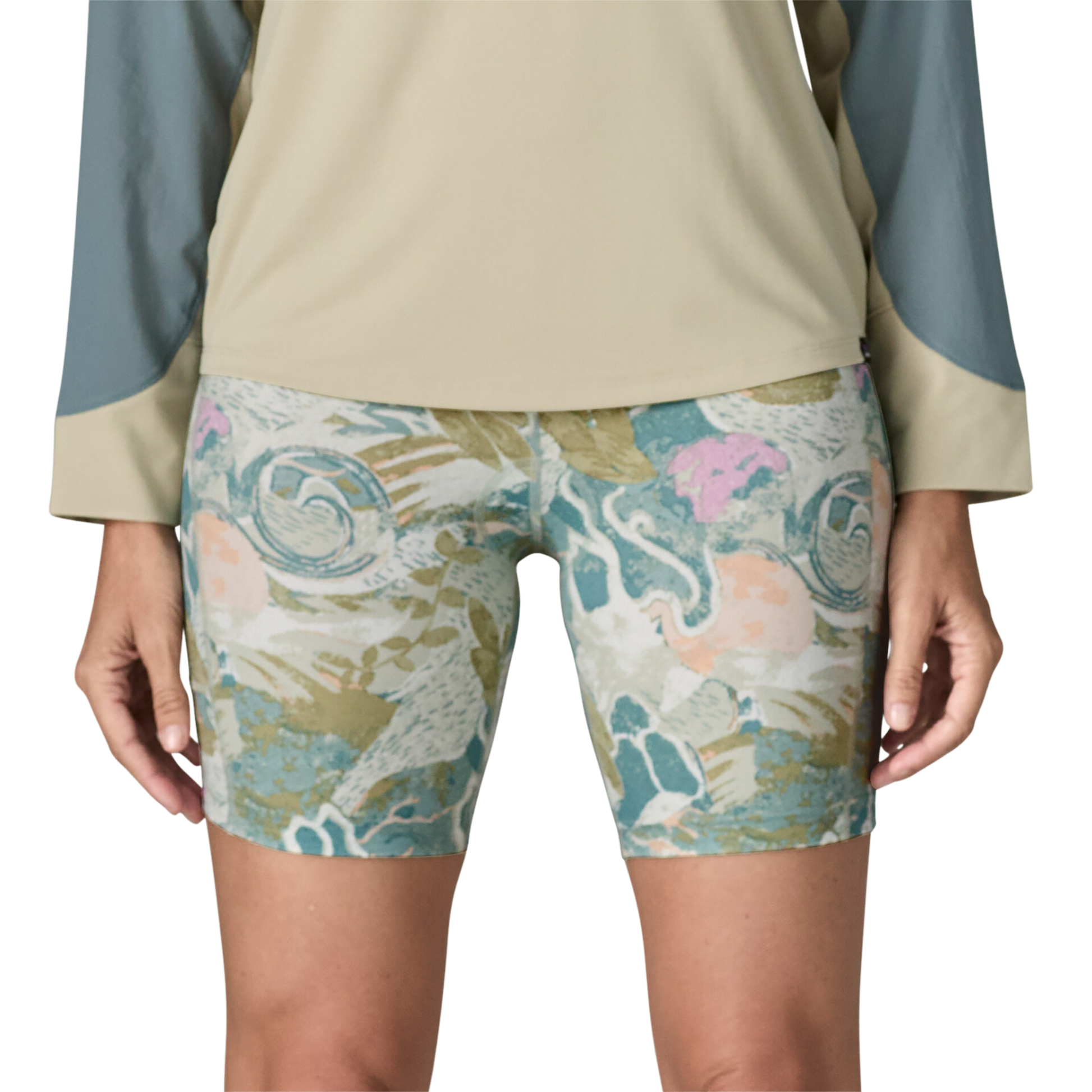 Patagonia Women’s Nether Bike Shorts in Moon Tripper Weathered Stone in use front view