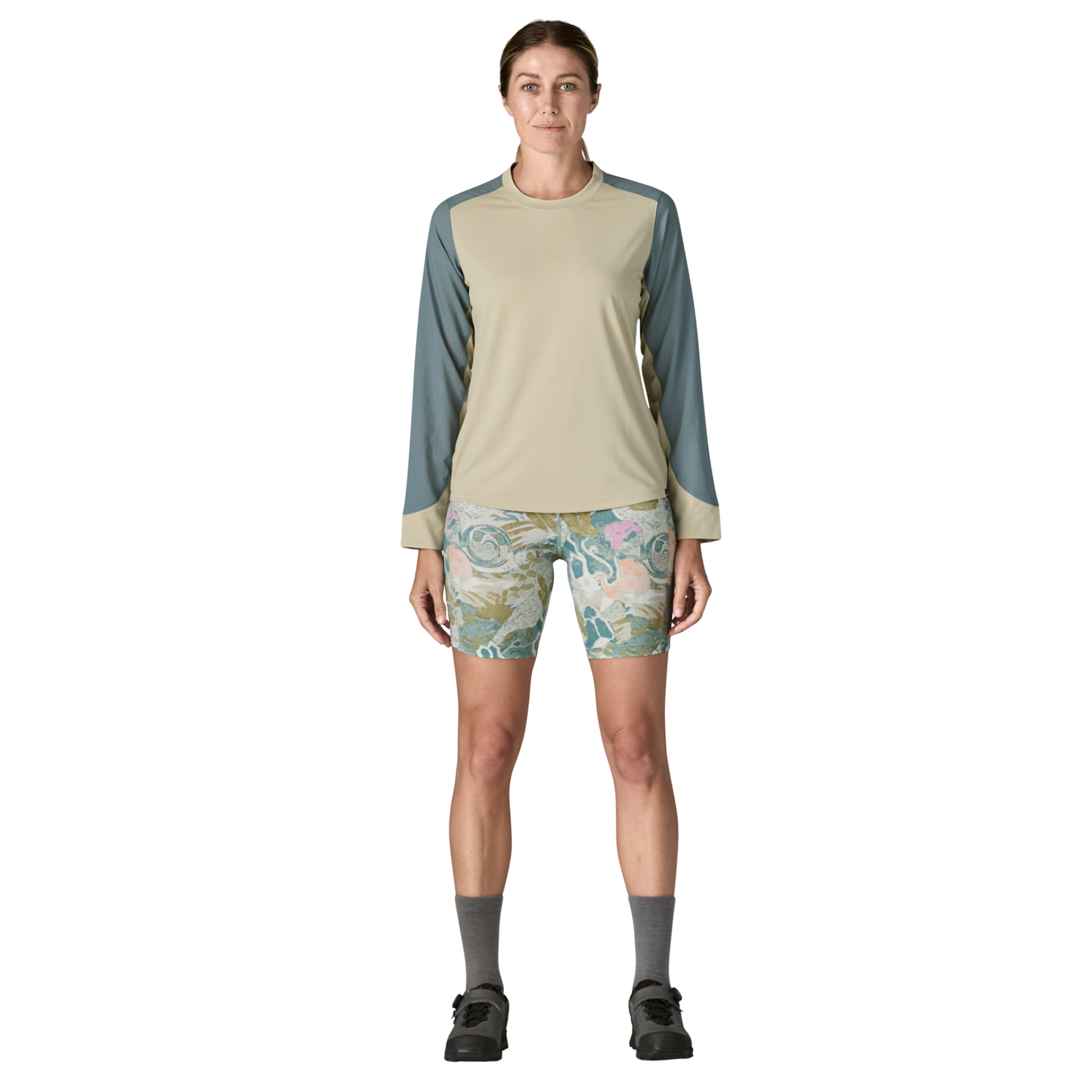 Patagonia Women’s Nether Bike Shorts in Moon Tripper Weathered Stone. in use front general view