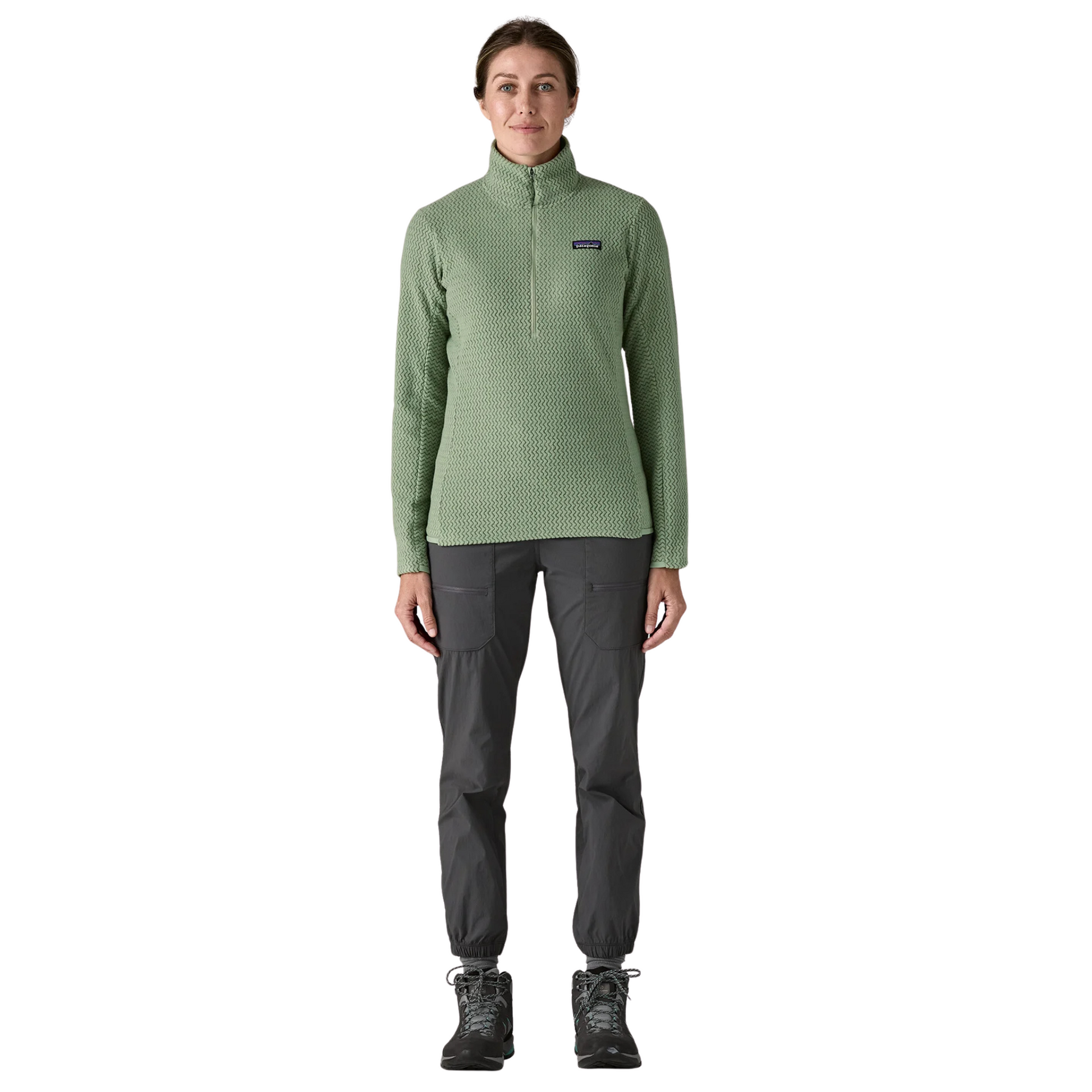 Patagonia Women’s R1 Air Fleece Midlayer Zip‑Neck in Elmwood Green, full body