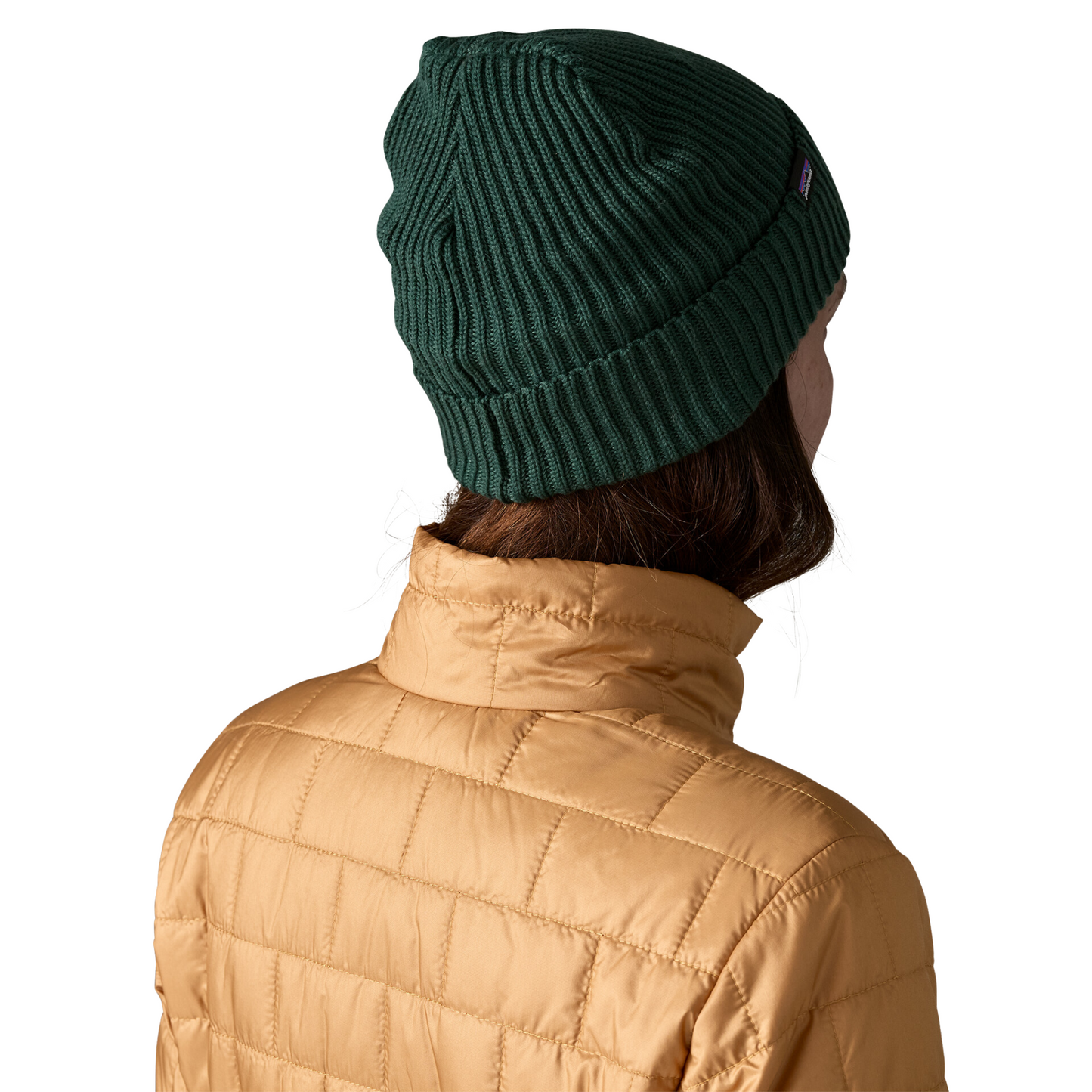 Patagonia Fisherman’s Rolled Beanie in Cascade Green colour worn by model