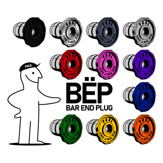 A product collage showing multiple Paul bar end plugs animated in different colours, arranged in a grid on a white background. A simple black line drawing of a person wearing a cap with the text 'PAUL' appears on the left, and large text in the center reads 'BÉP BAR END PLUG'.