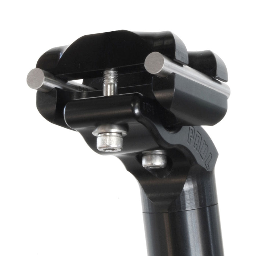 Paul Components Tall & Handsome aluminum bicycle seatpost with 26mm setback and adjustable two-bolt saddle clamp, available in Black and Silver.
