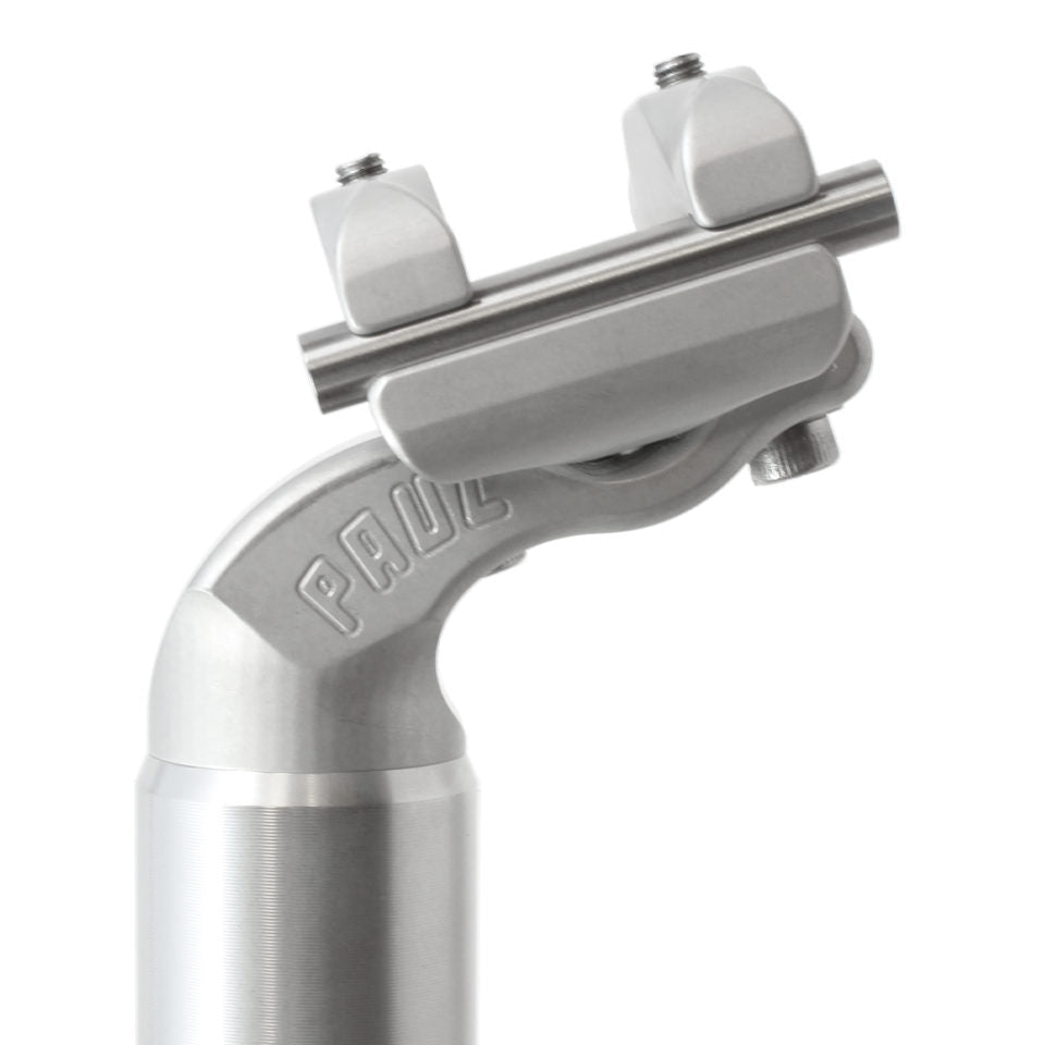 Paul Components Tall & Handsome aluminum bicycle seatpost with 26mm setback and adjustable two-bolt saddle clamp, available in Black and Silver.