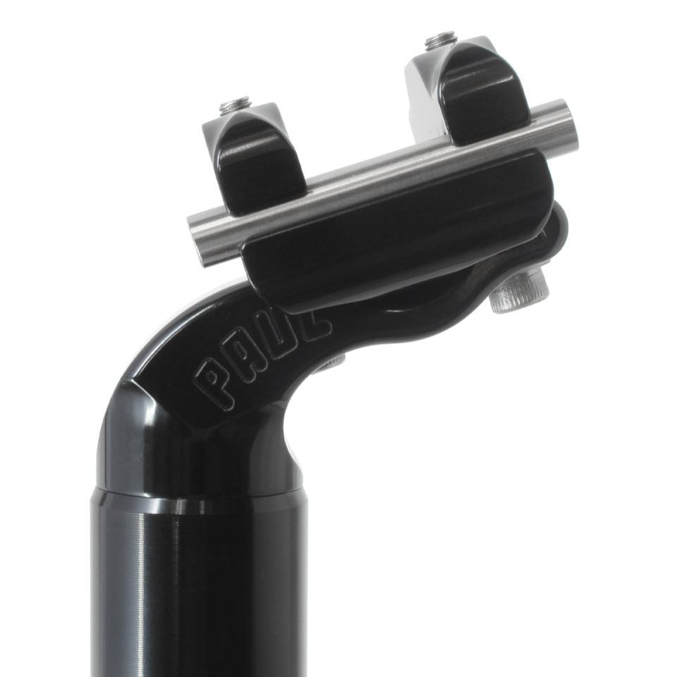 Paul Components Tall & Handsome aluminum bicycle seatpost with 26mm setback and adjustable two-bolt saddle clamp, available in Black and Silver.
