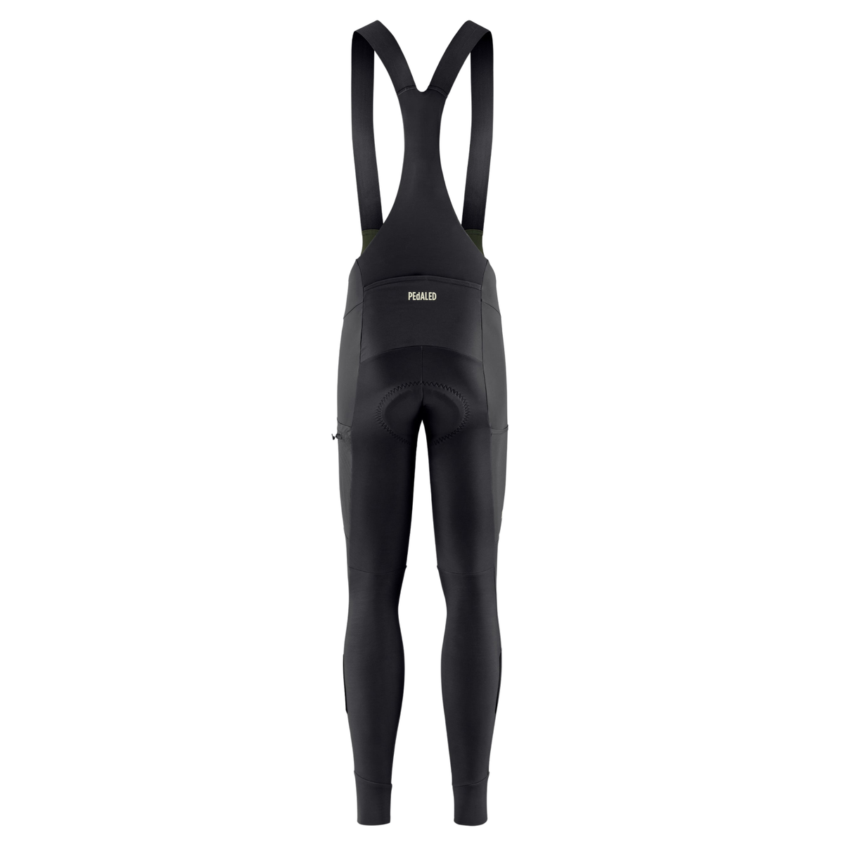 PEdALED Odyssey men's winter cycling bib tights featuring insulating fleece, weather-resistant thigh panels, three cargo pockets and reflective leg details.