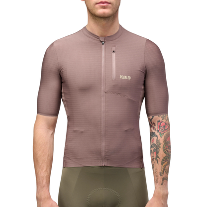 PEdALED Odyssey Jersey in Dark Purple in use close up front view
