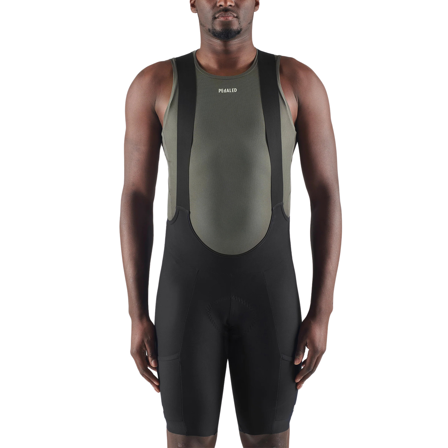 PEdALED Odyssey Training Bib Shorts Black in use front close up view