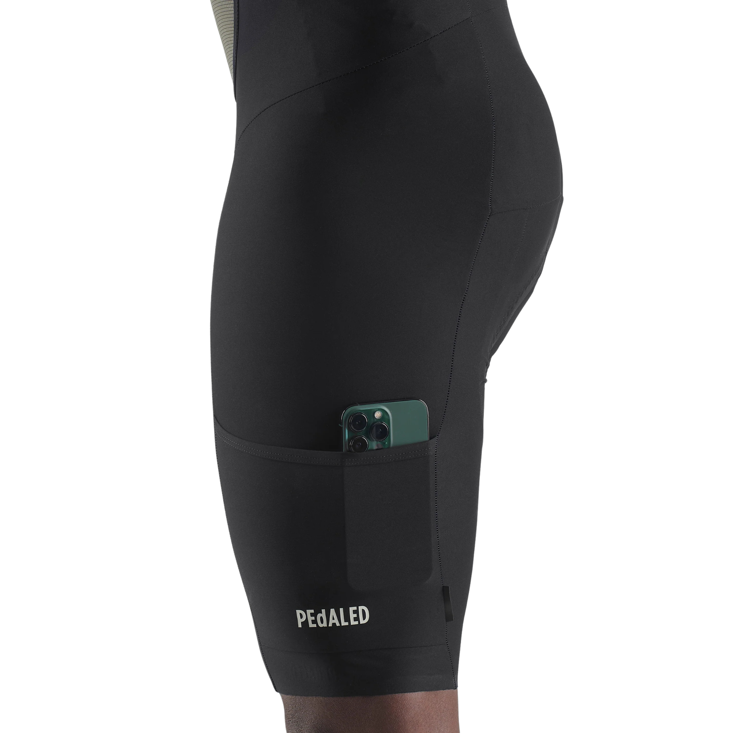 PEdALED Odyssey Training Bib Shorts Black in use left pocket view