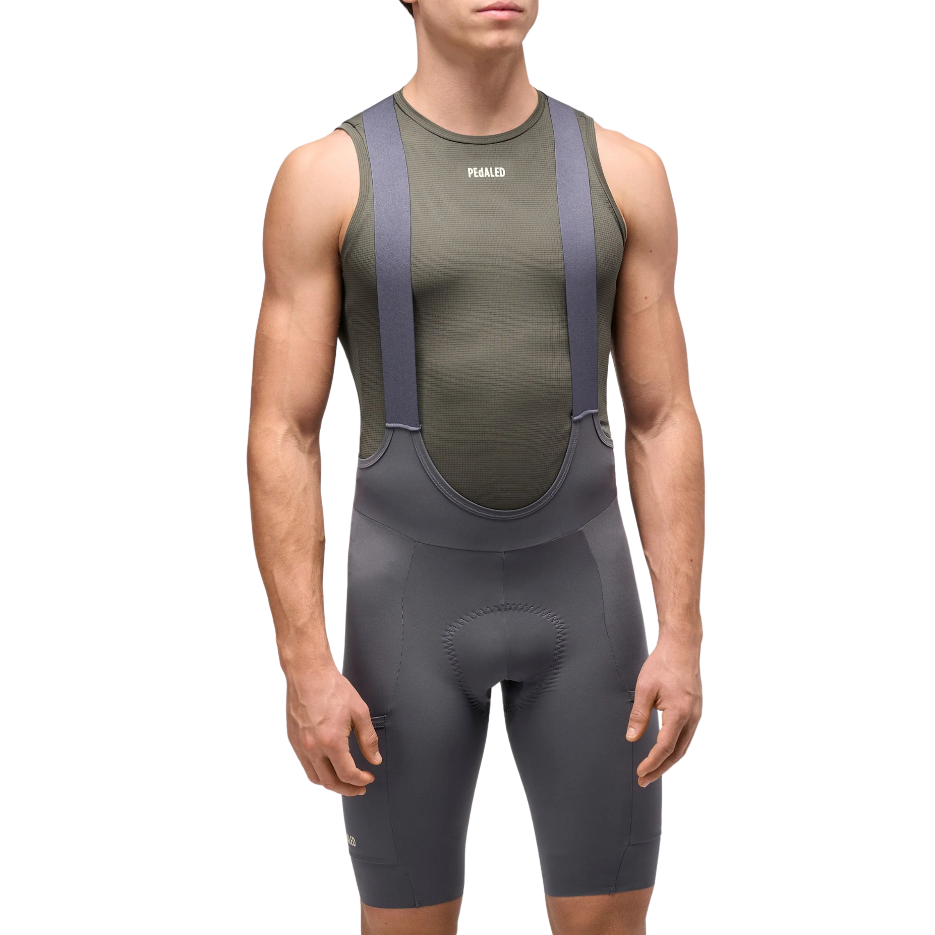PEdALED Odyssey Training Bib Shorts Grey in use front view