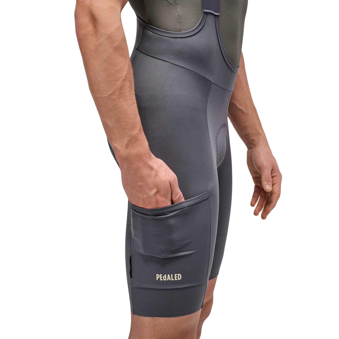 PEdALED Odyssey Training Bib Shorts Grey in use right pocket close up view