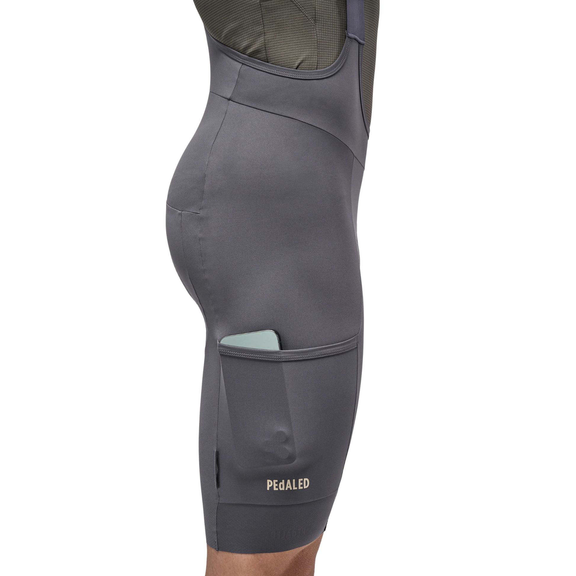 PEdALED Odyssey Training Bib Shorts Grey in use right pocket view