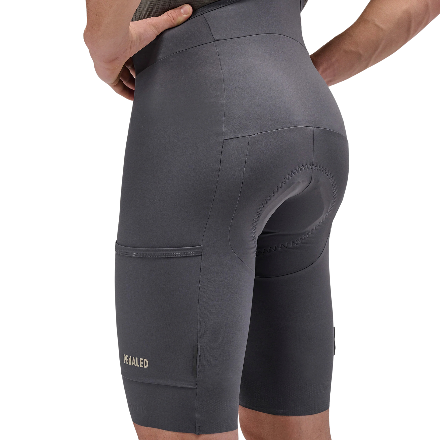 PEdALED Odyssey Training Bib Shorts Grey in use left pocket view