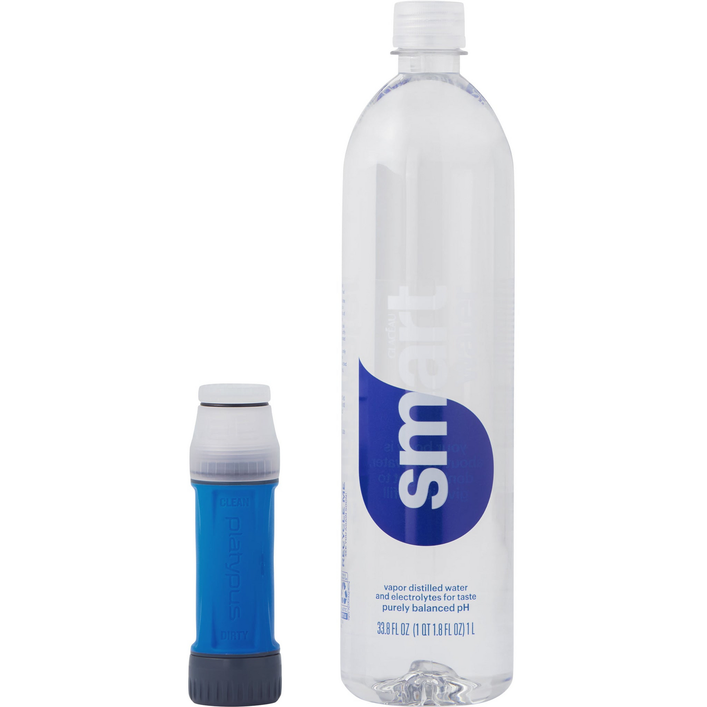 Platypus QuickDraw 1L Filter next to Smart Water bottle