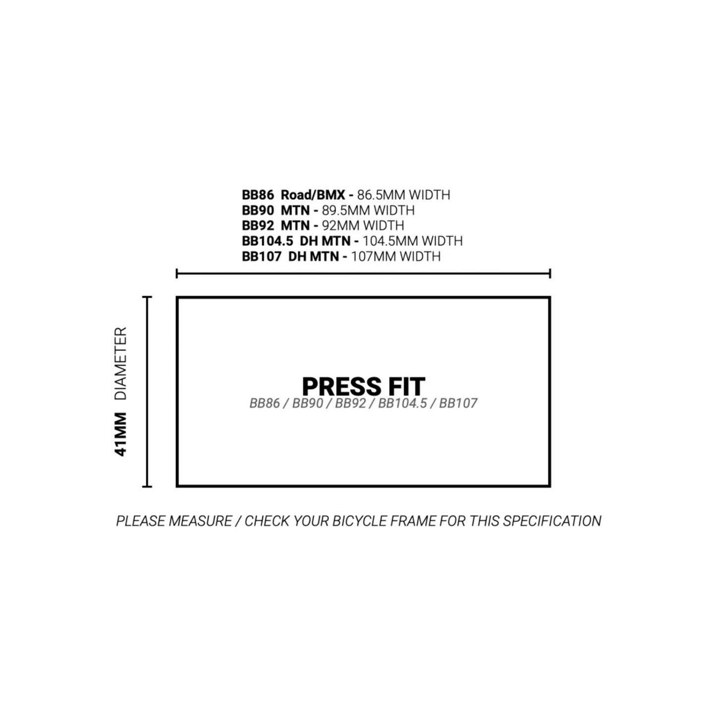Technical diagram with bicycle bottom bracket specifications on a white background