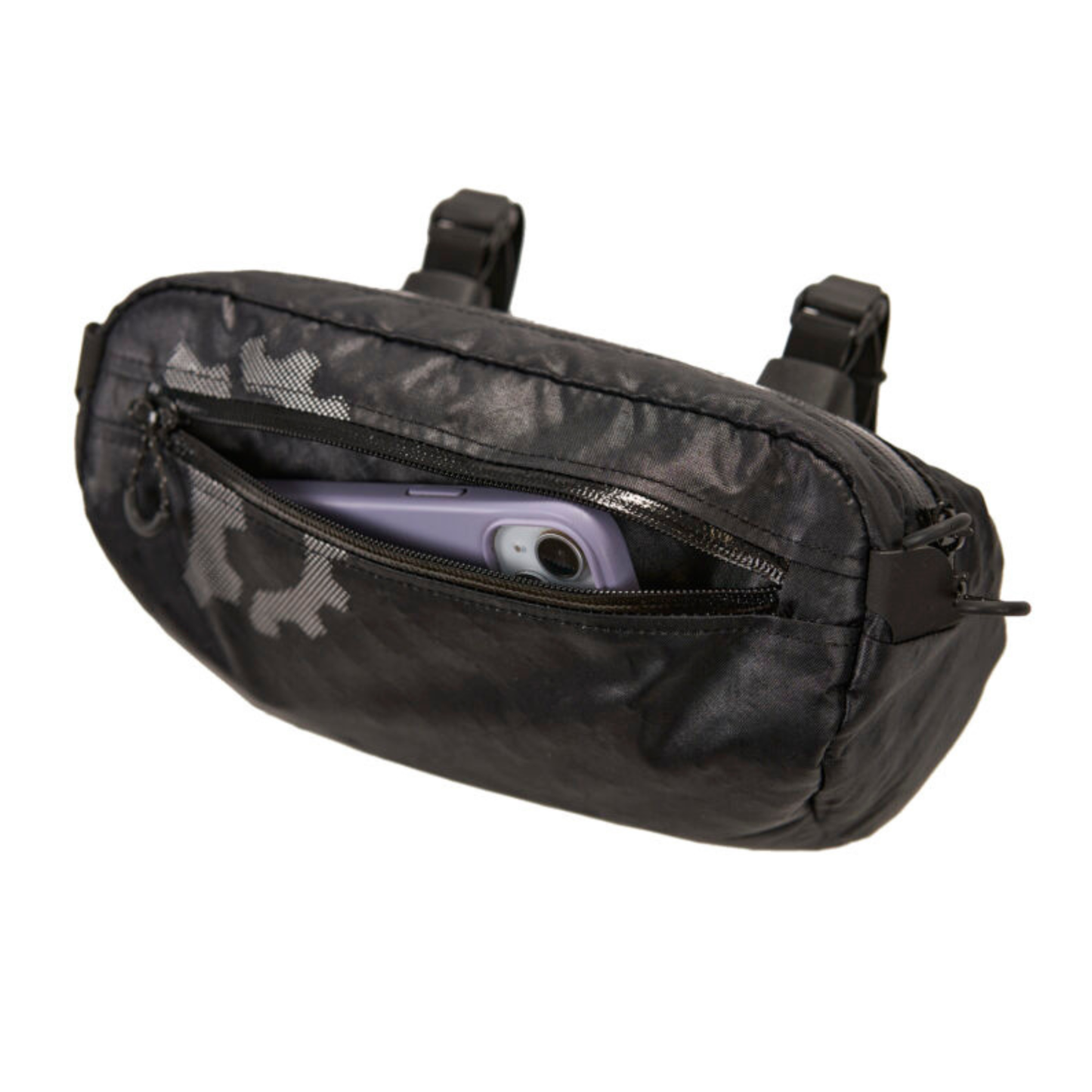 Revelate Designs Campamocha handlebar bag front view with the front pocket opened and a phone showing inside