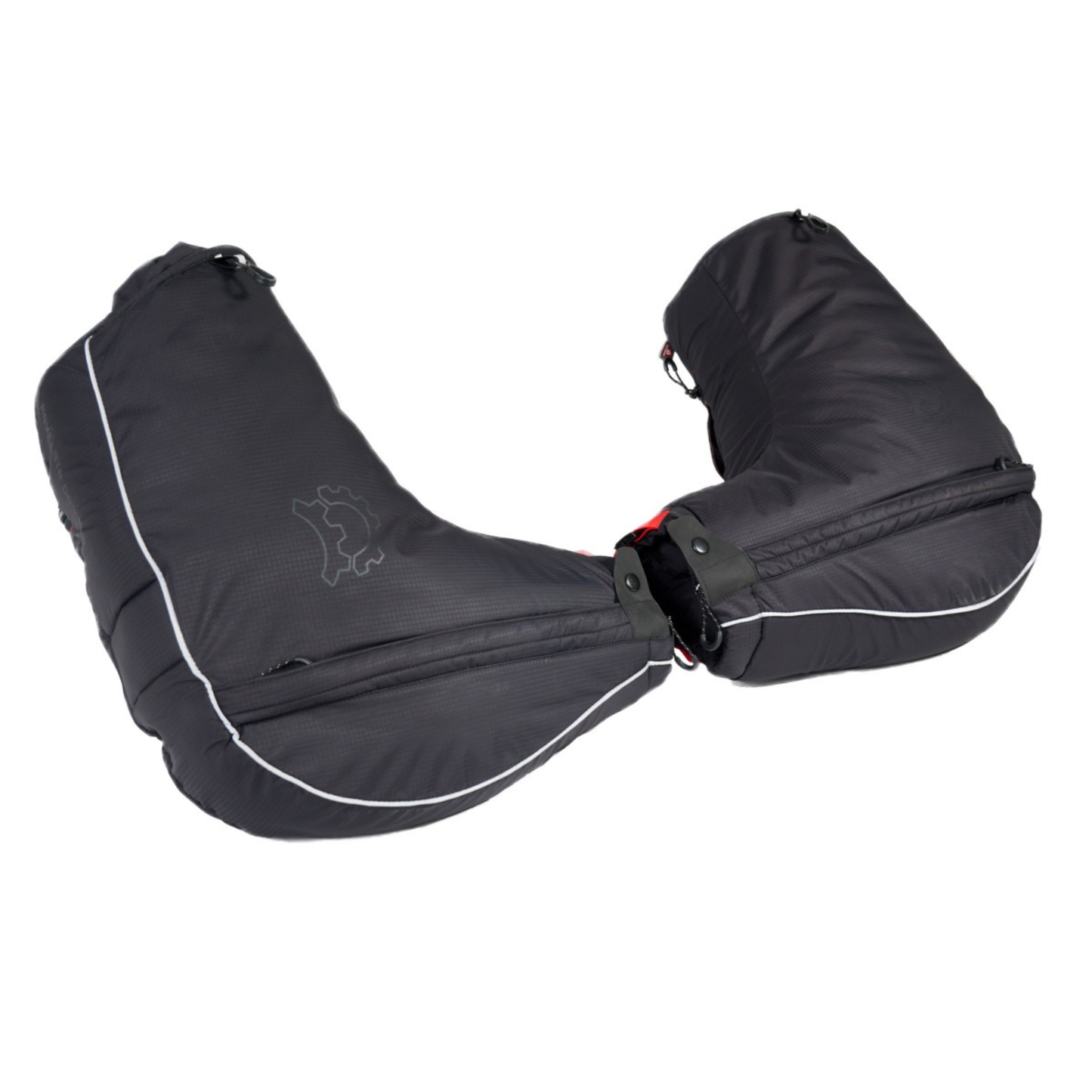 Revelate Designs Expedition Pogies insulated handlebar pogies filled and closed sitting next to each other. 