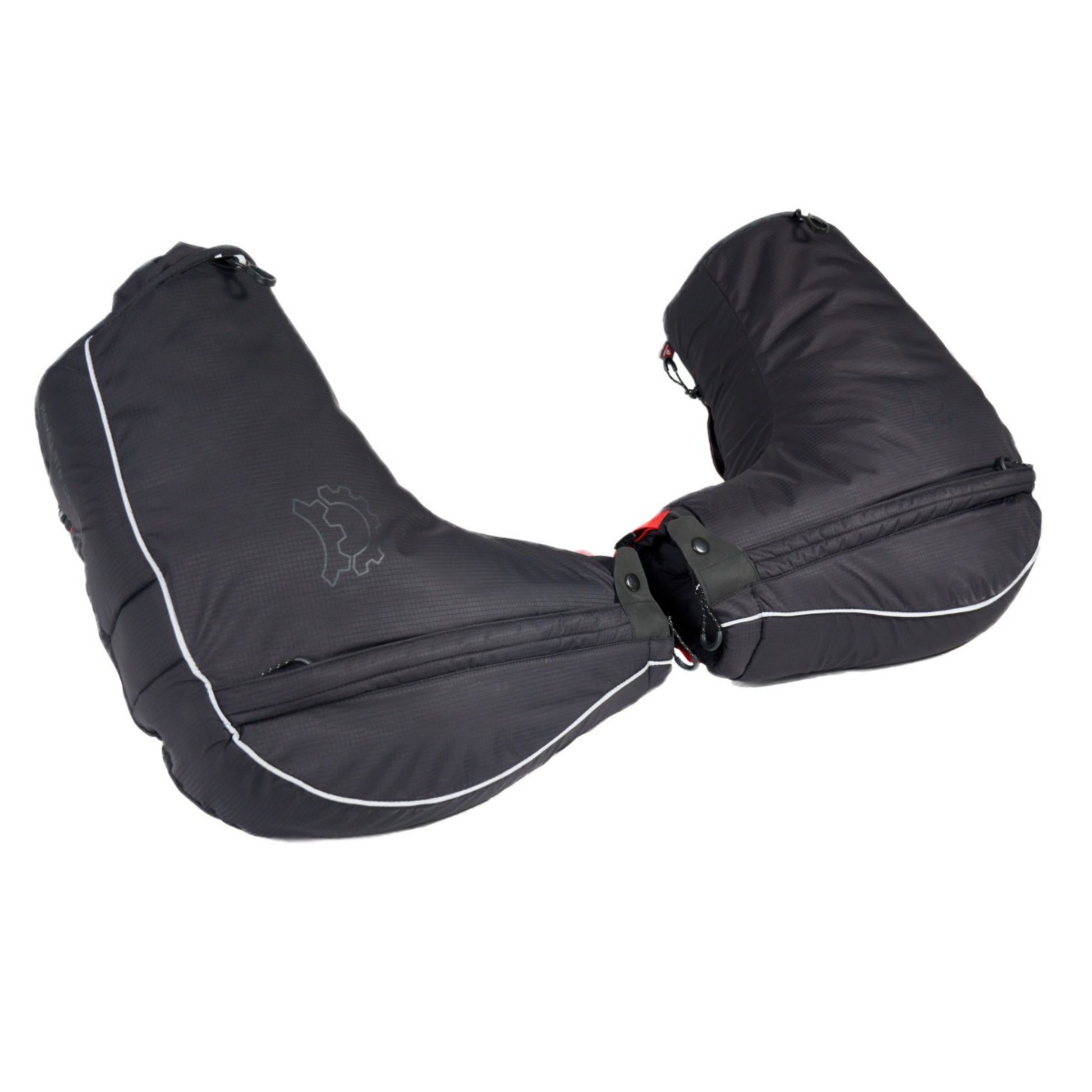 Revelate Designs Expedition Pogies insulated handlebar pogies filled and closed sitting next to each other. 