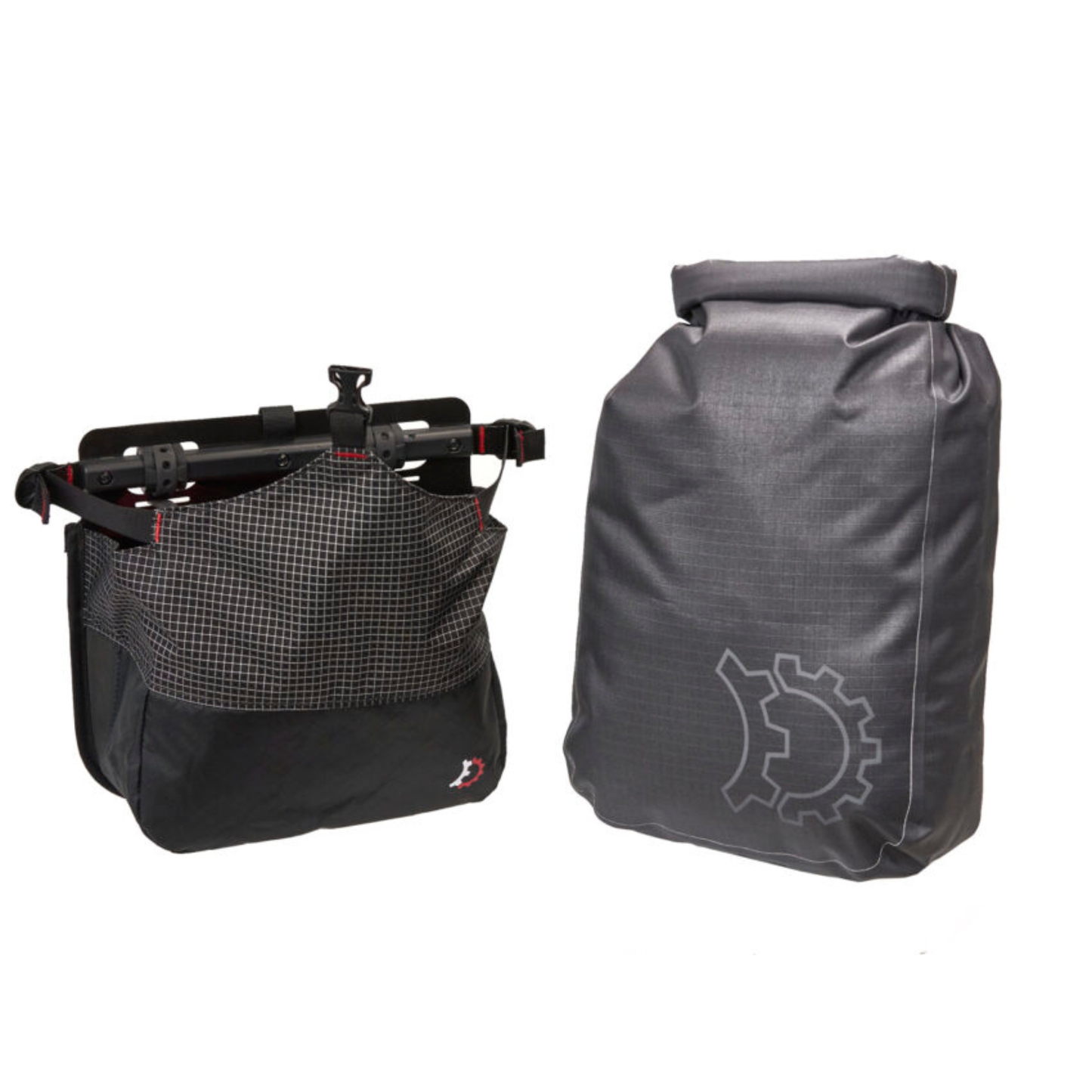 Revelate Designs Portage Pannier dry bag andbase in front of each other