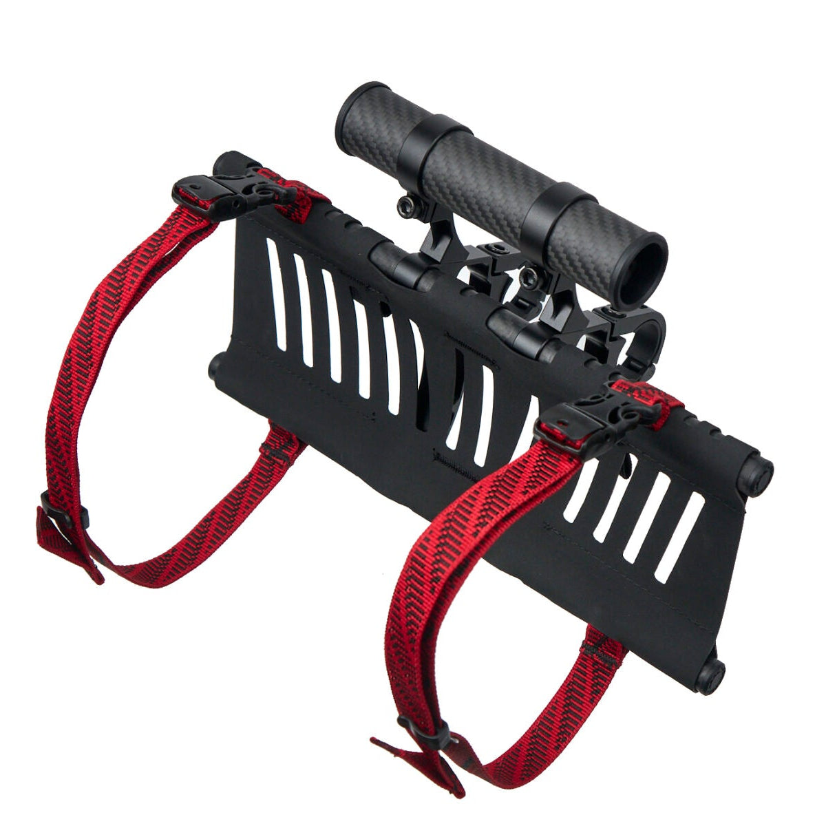 Revelate Designs Hammerhead bikepacking handlebar harness with carbon support tubes, adjustable clamps, Hypalon sling and elevated light and computer mount.
