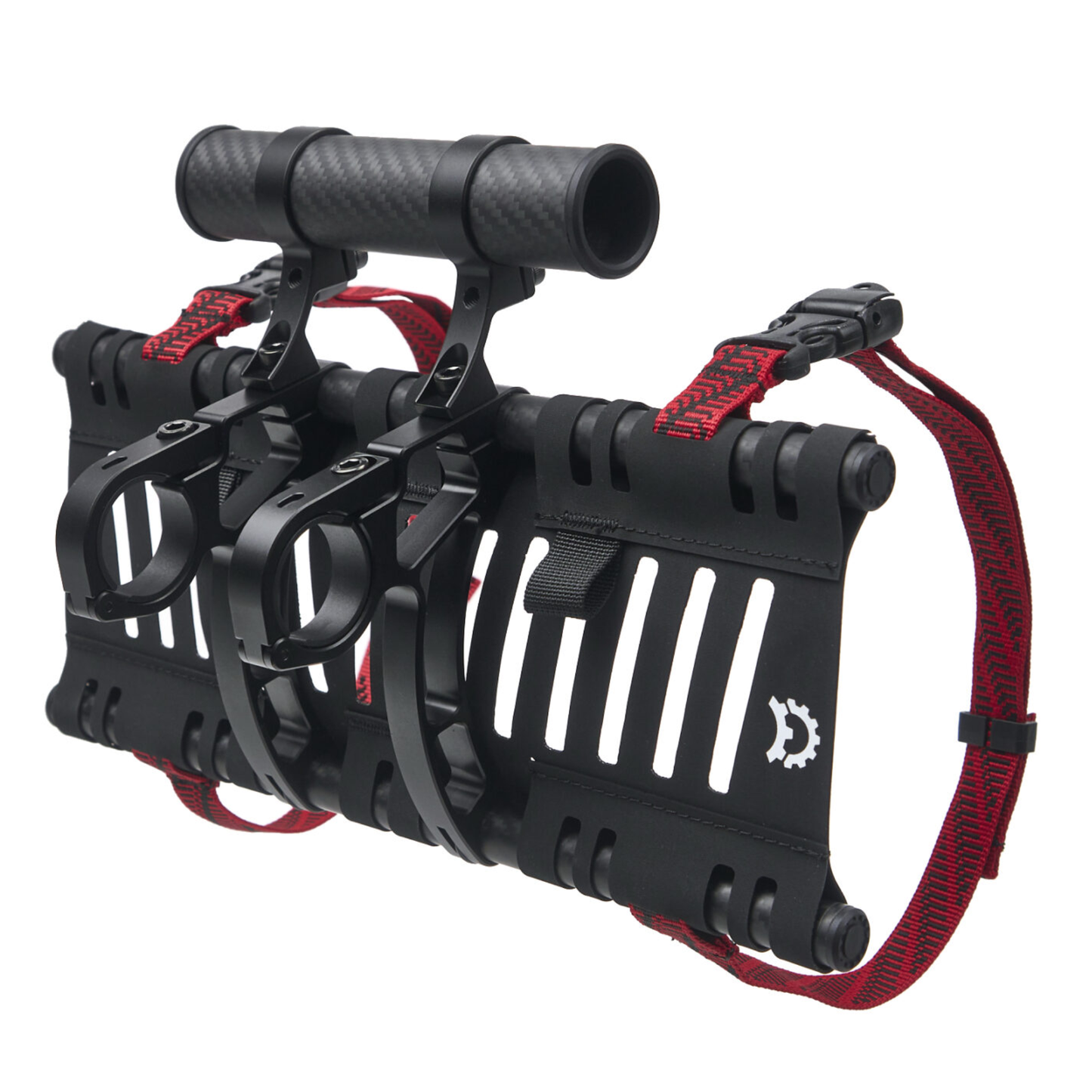 Revelate Designs Hammerhead bikepacking handlebar harness with carbon support tubes, adjustable clamps, Hypalon sling and elevated light and computer mount.