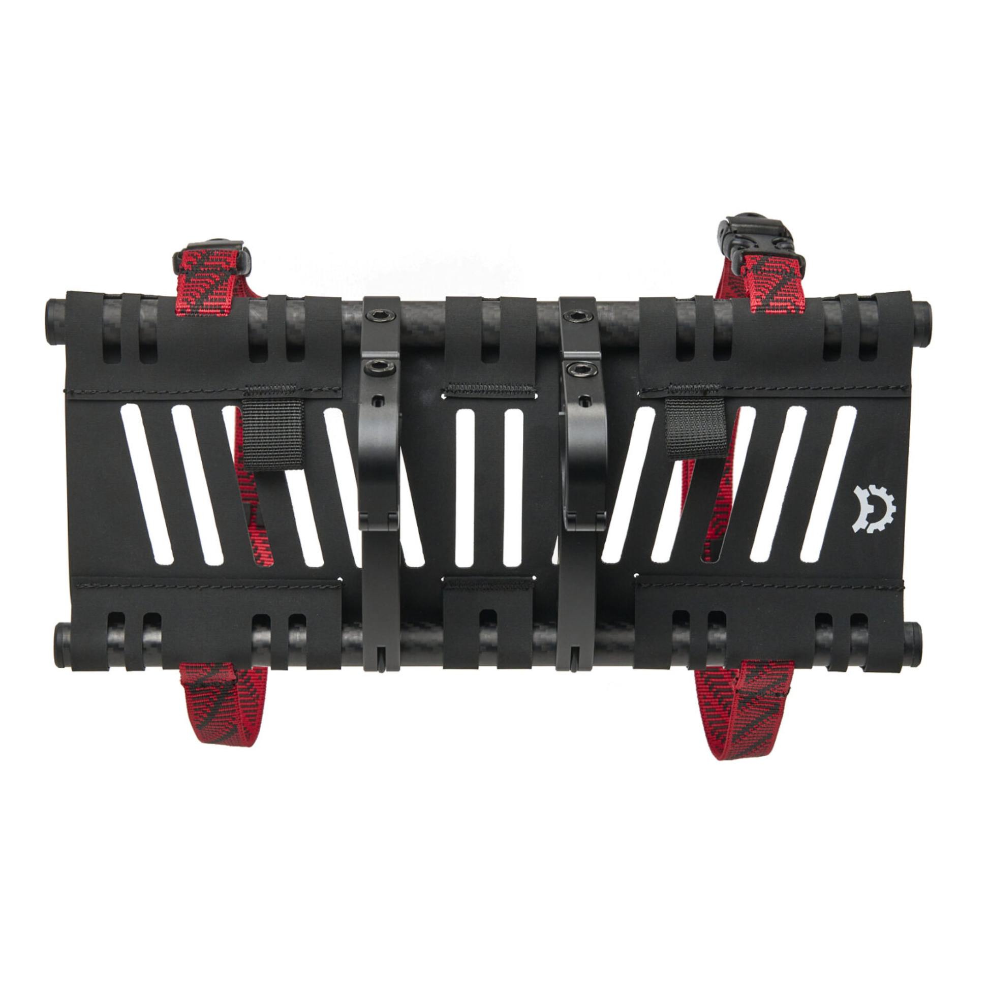 Revelate Designs Hammerhead bikepacking handlebar harness with carbon support tubes, adjustable clamps, Hypalon sling and elevated light and computer mount.