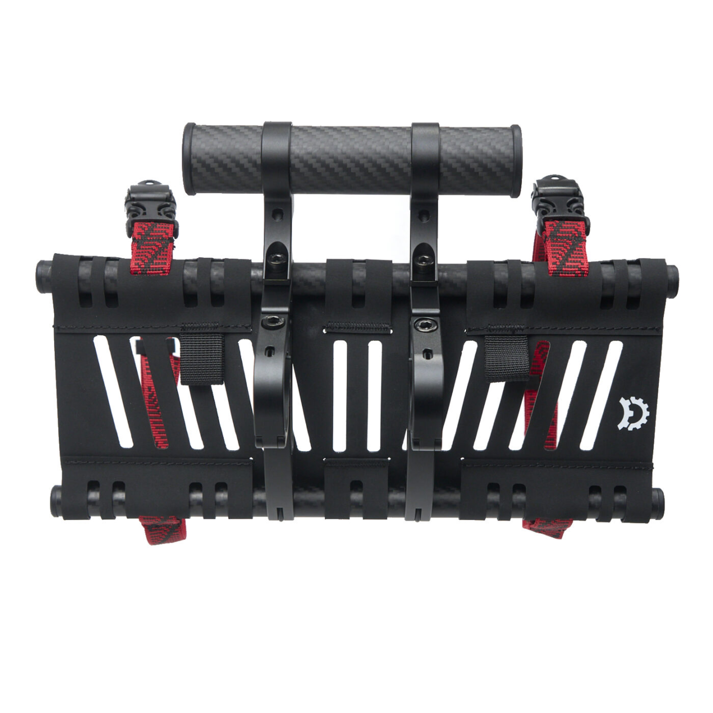Revelate Designs Hammerhead bikepacking handlebar harness with carbon support tubes, adjustable clamps, Hypalon sling and elevated light and computer mount.