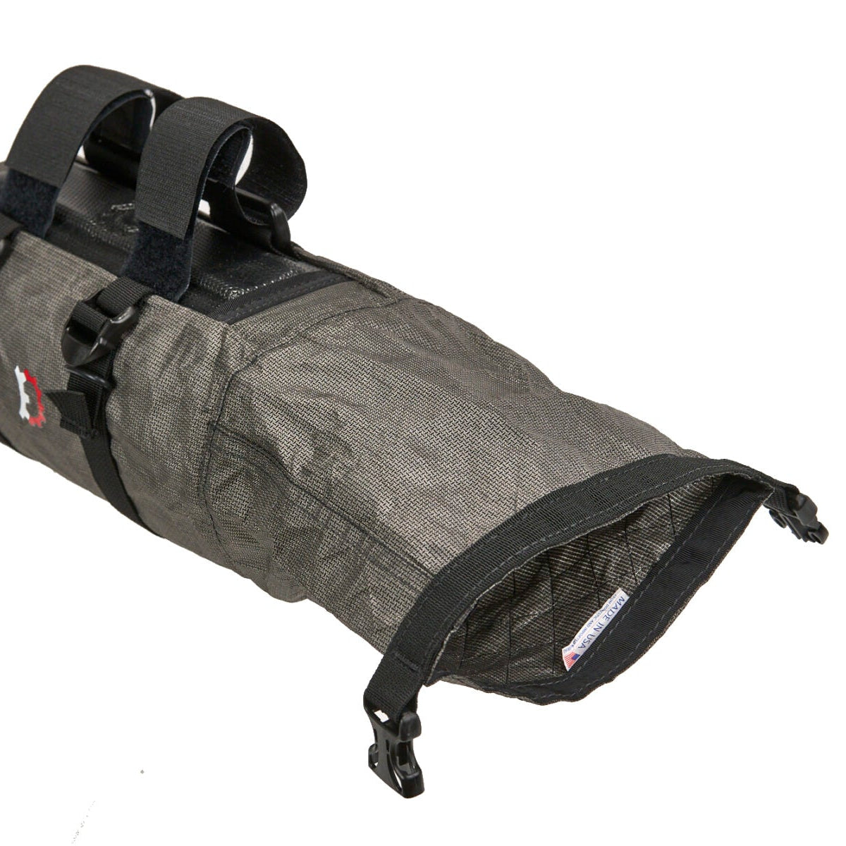 Revelate Designs Ultra Joey downtube bag, a lightweight Challenge Ultra 200 X bikepacking bag with roll-down closure and stable off-road mounting.