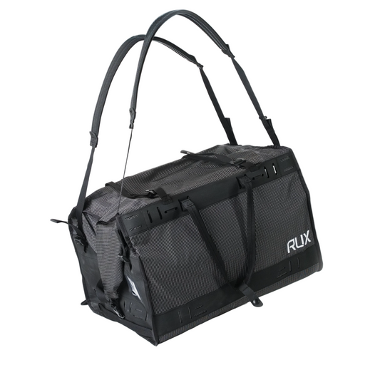 Rux Duffel Box 55L Plus in Black with Universal Shoulder Strap included. Storage and organization of outdoor gear for travel, camping, biking, climbing, and more.