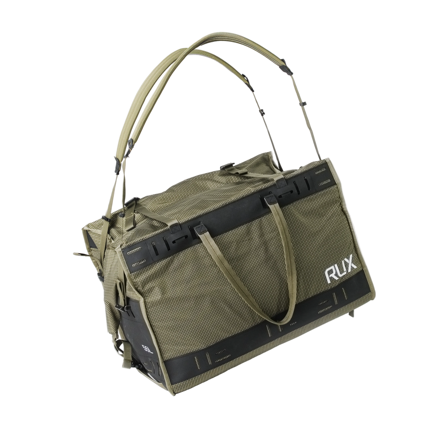 Rux Duffel Box 55L Plus in Green with Universal Shoulder Strap included. Storage and organization of outdoor gear for travel, camping, biking, climbing, and more.
