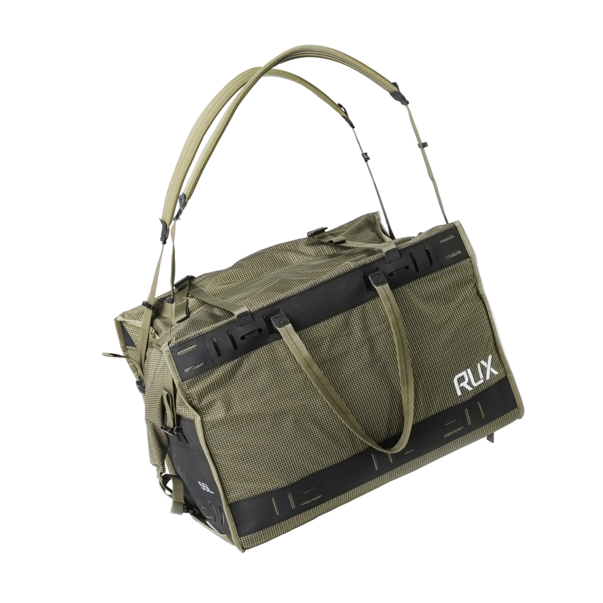 Rux Duffel Box 55L Plus in Green with Universal Shoulder Strap included. Storage and organization of outdoor gear for travel, camping, biking, climbing, and more.