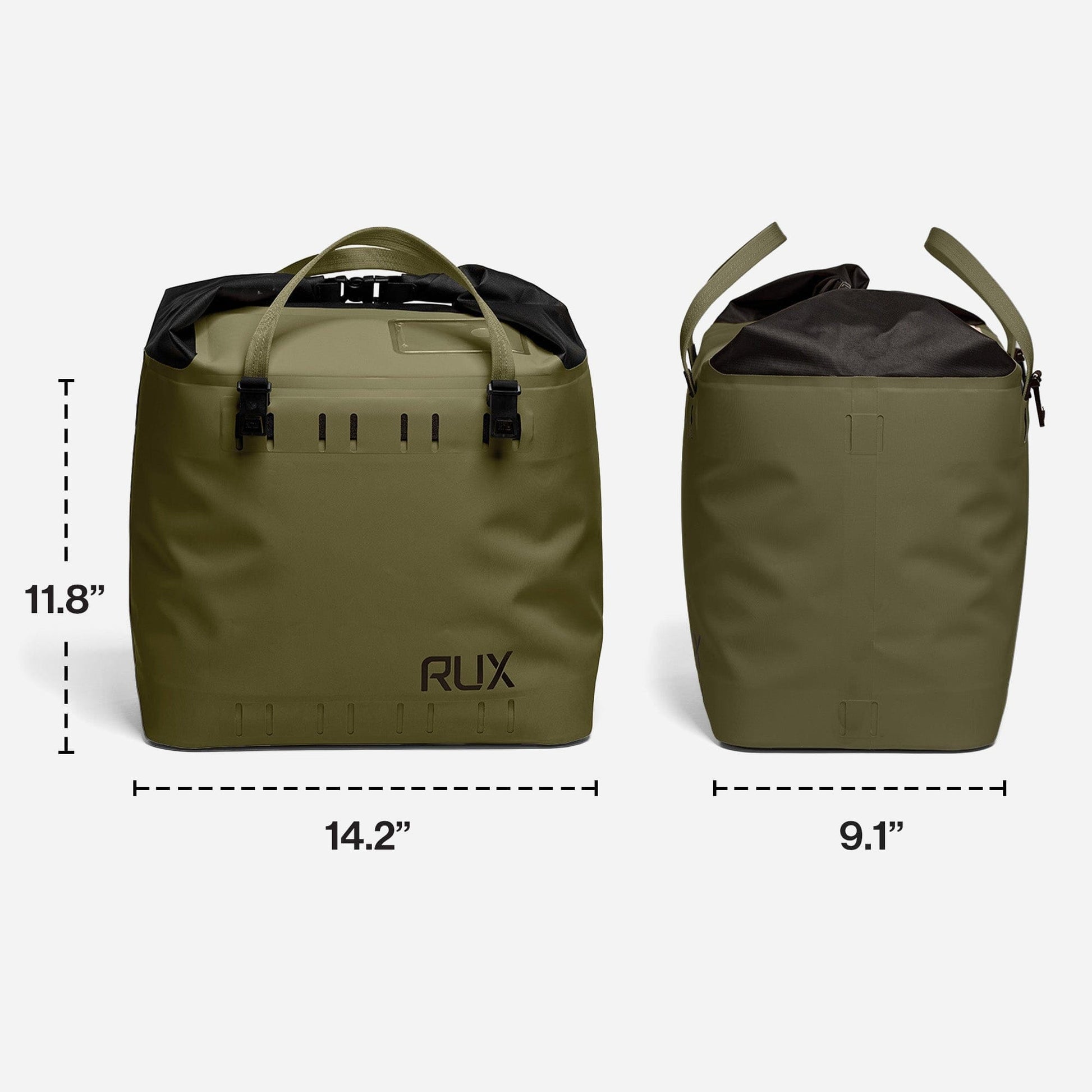 Rux Life Soft Cooler Bag 25L in green designed for keeping food and beverages cold for camping, biking, road tripping and time outside. Part of the Rux Outdoor Gear Storage System.