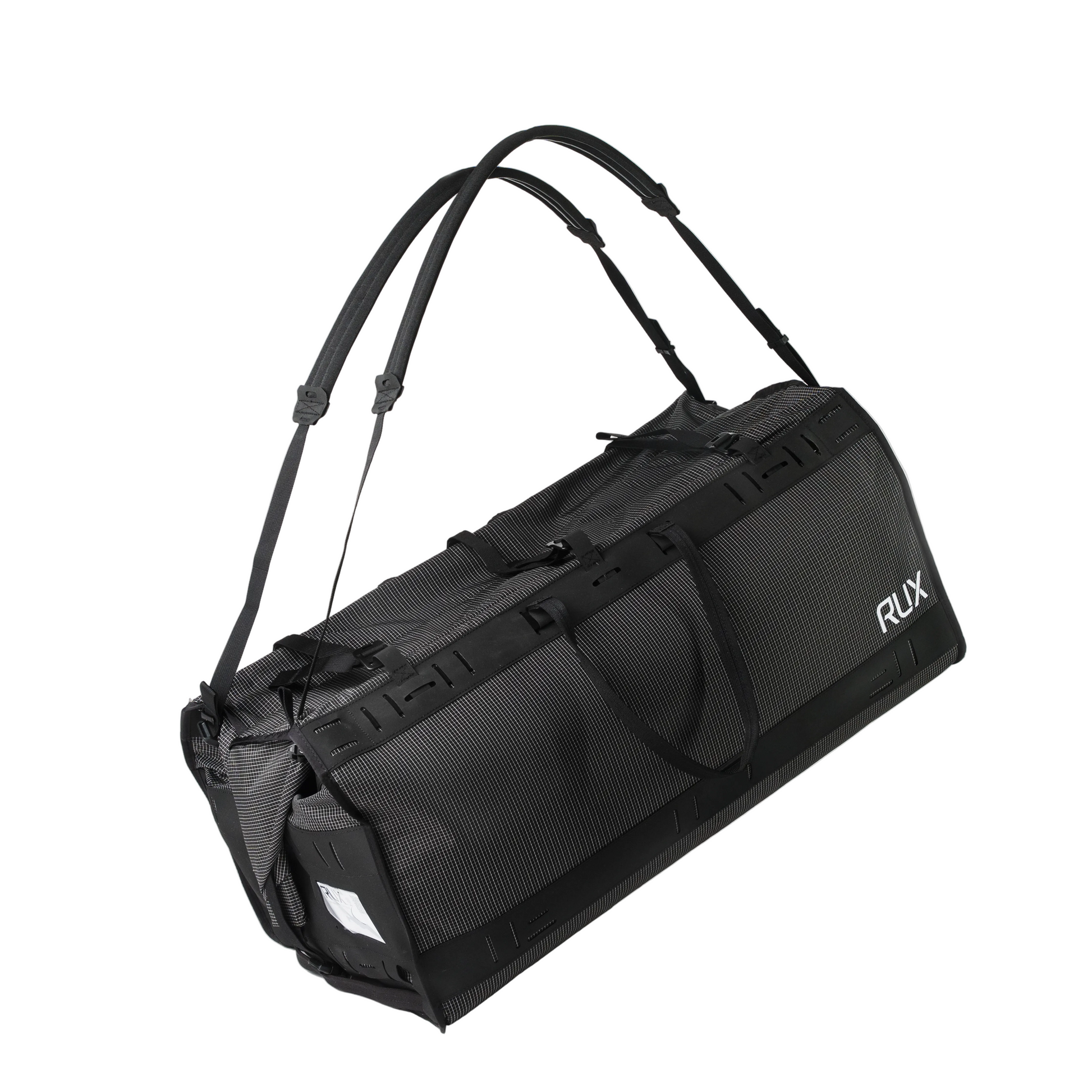 Rux Duffle Box 75L in Black Plus with Universal Shoulder Straps designed for storing and organizing outdoor gear for camping, travel, rock climbing, biking and more