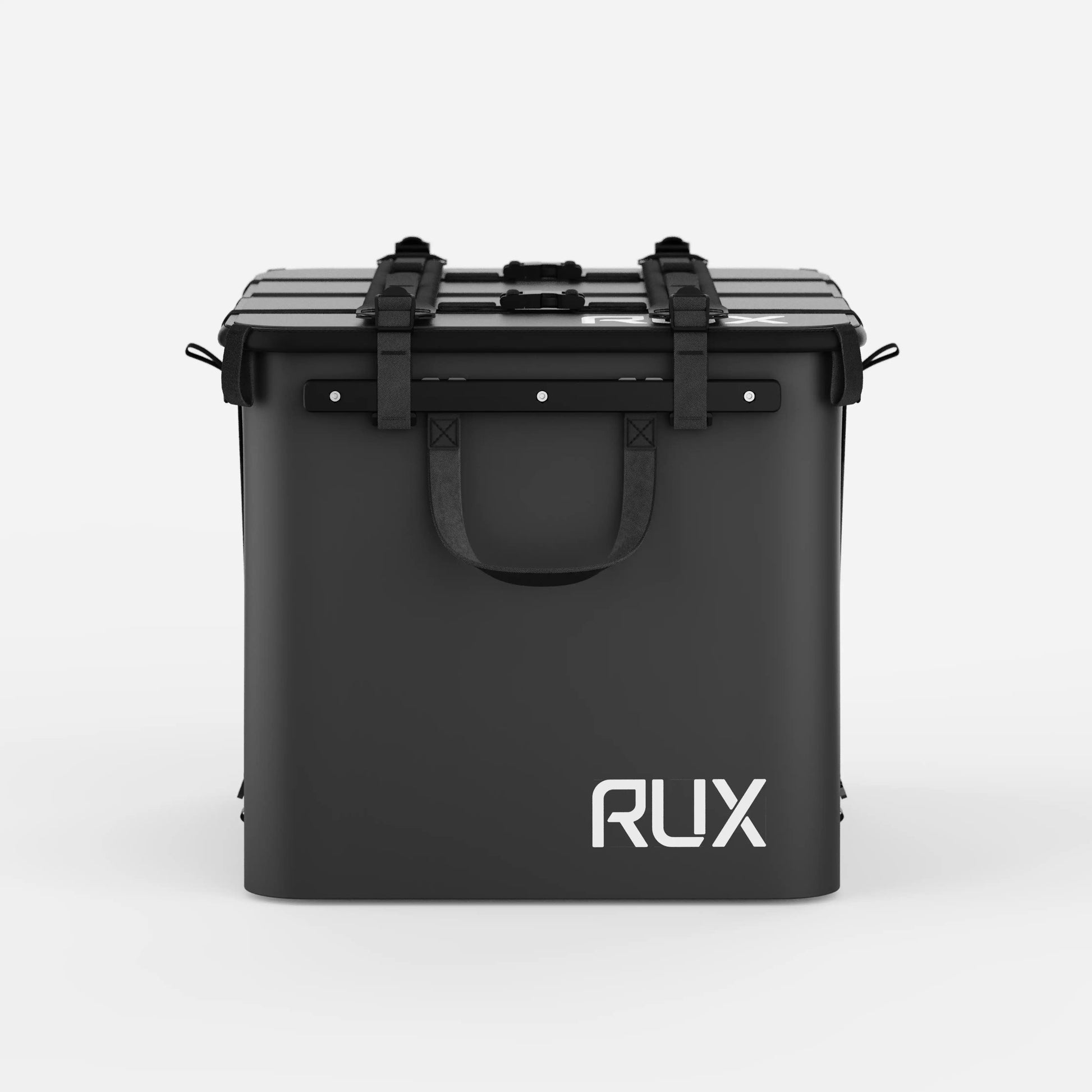 Rux 70L Gear Box for organizing outdoor equipment for camping, biking, hiking, rock climbing and road tripping. Modular gear box in Black with waterproof press-seal lid.